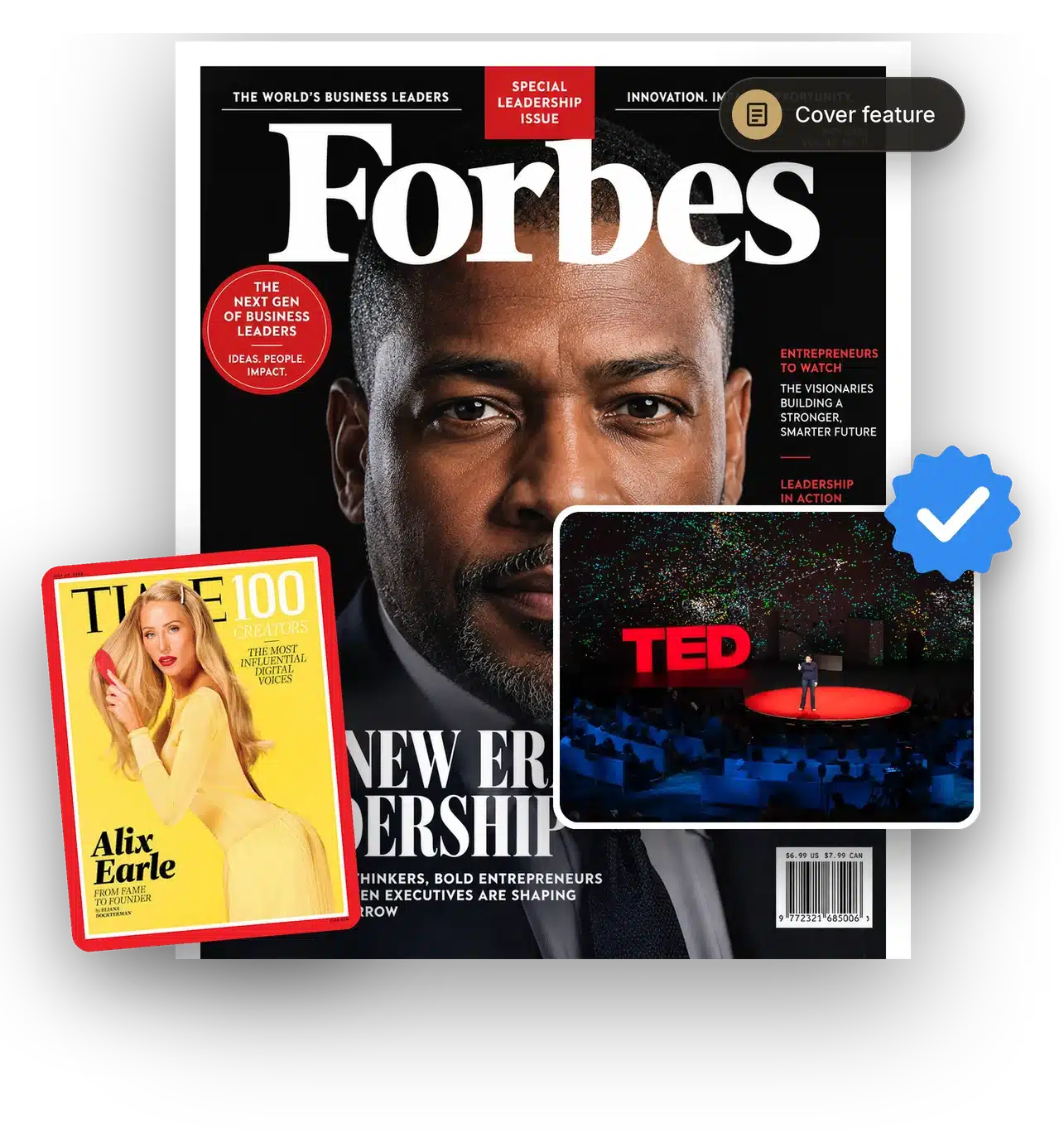 Magazine cover features and a verified social profile