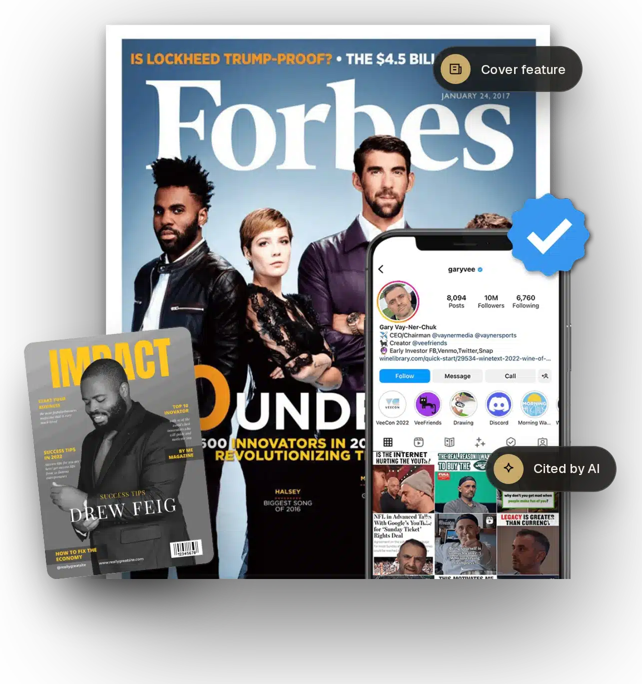 Magazine cover features and a verified social profile